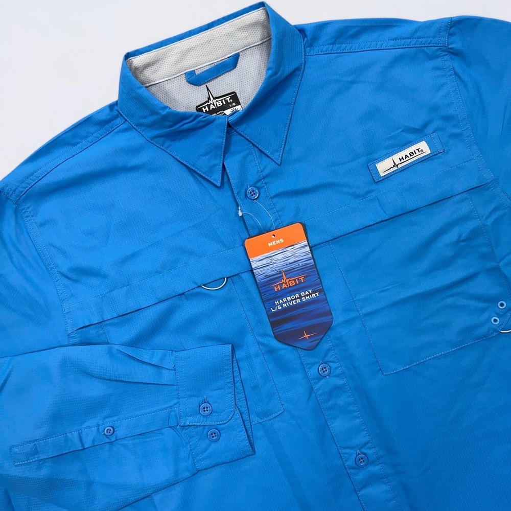 NEW Habit Harbor Bay River Shirt Men's Large Blue Long Sleeve Vented Fishing